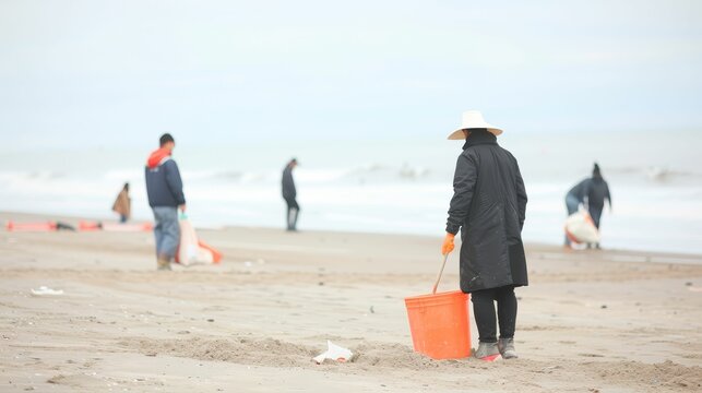 Beach cleanup day led by men, environmental stewardship, community in action  169