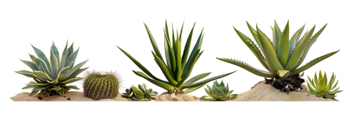 set of spiky agaves, ideal for dry landscapes, showcasing their drought-resistant features, isolated on transparent background