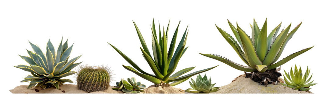 set of spiky agaves, ideal for dry landscapes, showcasing their drought-resistant features, isolated on transparent background