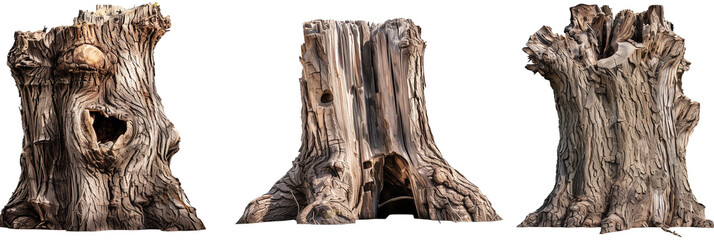 set of ancient tree trunks, each with distinct bark textures and patterns, showcasing centuries of...