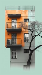 Contemporary urban building design with tree: modern architecture concept featuring a multistory building with vibrant orange facade and a bare tree silhouette