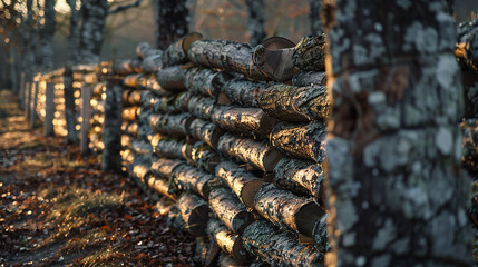A row of neatly stacked firewood logs, their rough bark glistening with sap in the soft light of dawn.