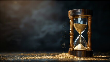 hourglass with sand, a classic hourglass on a dark background. The hourglass has a wooden frame with elegant which contain golden sand - obrazy, fototapety, plakaty
