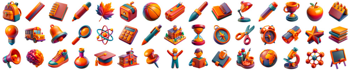 Vibrant Collection of Diverse School Supplies in 3D Icons Set Illustration - obrazy, fototapety, plakaty