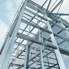 3D view of a futuristic building's skeleton, close-up on the steel frame.