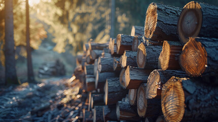 A row of neatly stacked firewood logs, their rough bark glistening with sap in the soft light of dawn. - obrazy, fototapety, plakaty