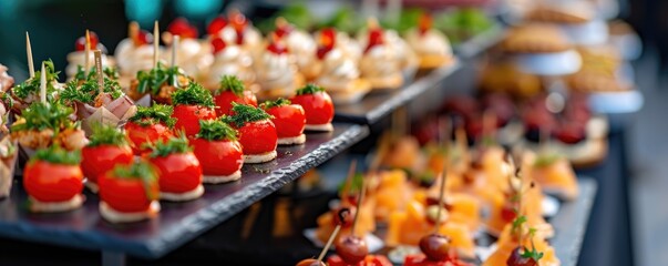 Salmon canapes on the festive banquet detail. Festive Buffet banner.