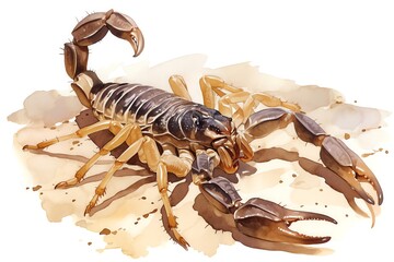 A rustic watercolor of a Death Stalker Scorpion in a desert setting, sandy browns and venomous yellows, white background, vivid watercolor, 100% isolate