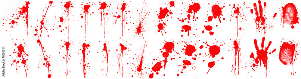 Poster assorted red paint realistic blood splatters, and handprints collection. vibrant set of red paint sp