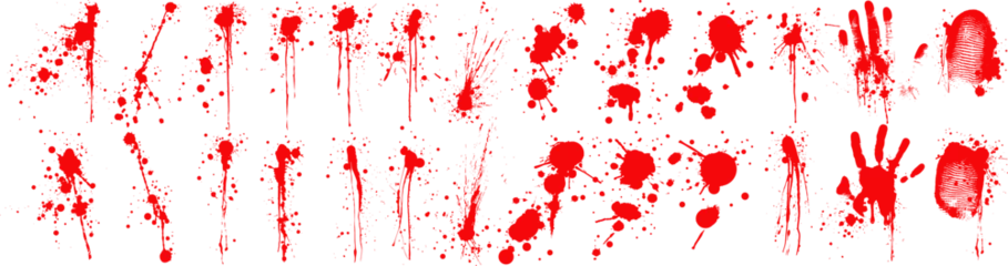 Gartenposter Assorted Red Paint Realistic Blood Splatters, and Handprints Collection. Vibrant set of red paint splatters and handprints, ink drips perfect for bold backgrounds and graphic elements. Vector © ZinetroN