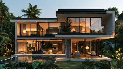 A sleek, modern villa with clean lines, floor-to-ceiling windows, and a minimalist exterior design, set against a lush, tropical landscape. - obrazy, fototapety, plakaty