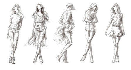 fashion sketches of women in different poses, full body