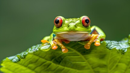 Naklejka premium Vibrant Green Tree Frog Sitting on a Lush Leaf, Nature Close-up. Stunning Wildlife Photograph Perfect for Educational and Editorial Use. AI