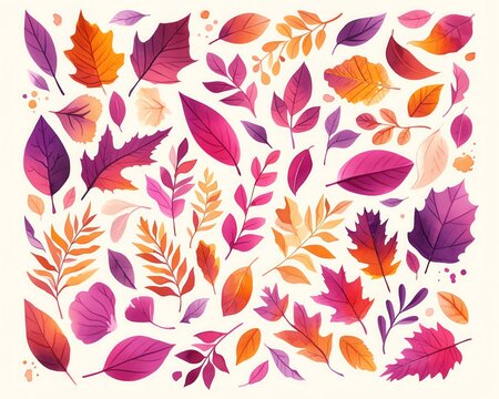 A vibrant illustration of Blewits among autumn leaves, purplish hues blending with fall colors, white background, vivid watercolor, 100 isolate