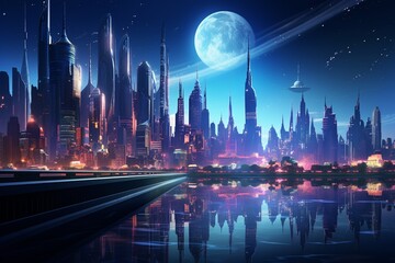 Obraz premium A 3D rendered scene of a vibrant futuristic cityscape, glowing with neon lights and imaginative architecture, perfect for desktop wallpapers ,ultra HD,digital photography