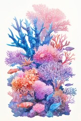 A vibrant painting of the Great Barrier Reef, showcasing underwater wonders with a 1930s flair, aqua blues and coral pinks, white background, vivid watercolor, 100% isolate