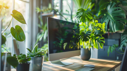 computer screen in a modern office with plants, created with generative AI technology