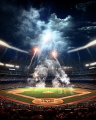 A baseball game in full swing captured in 3D CG, stadium lights bright, showing the dynamic movement and competitive spirit, high resolution ,ultra HD,digital photography