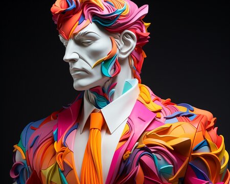 A detailed closeup of a 3D fashion sculpture, combining business attire with vibrant colors, a fusion of art and professional aesthetics ,3DCG,high resulution,clean sharp focu
