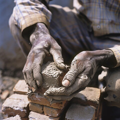 Half-body shot of a man layering bricks with mortar, close-up on his hands and the strain in his shoulders.