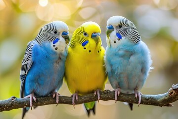 Family of Three Budgies: Lovebirds and Budgerigar Parakeet in Isolated Setting - Small Parrot in Blue and Yellow  - obrazy, fototapety, plakaty