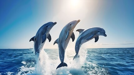 Three Joyful Dolphins Leaping Together Above Ocean Waves. Wildlife in Natural Habitat Captured in Bright Daylight. Marine Mammals in Motion. AI