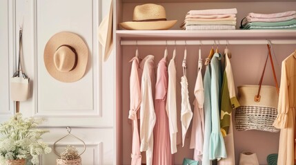 A closet with a hat on the wall and clothes hanging on the rack - Powered by Adobe