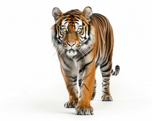 Front View of a Majestic Tiger Walking - Isolated on White Background