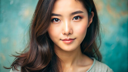 Close-up Portrait of a Smiling Woman with Brunette Hair and Glamorous Makeup, Elegantly Posing in Studio
