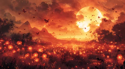 Poster Molten Majesty: A Watercolor Depiction of Lava Flowers and Fiery Butterflies © Thien Vu