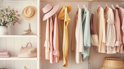A closet full of clothes and a hat on a rack