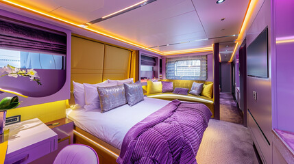 Luxury cruise cabin controlled by AI, where the walls transition from yellow to lilac to match the time of day, enhancing passenger comfort.