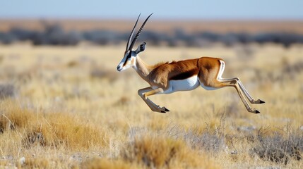 Grassy Jumper: Springbok Wildlife Jumping Over Savanna at Etosha National Park - obrazy, fototapety, plakaty