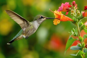 Graceful Hummingbird Drinking Nectar from Colorful Flower in Nature's Wonderland - obrazy, fototapety, plakaty