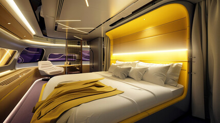 Luxury cruise cabin controlled by AI, where the walls transition from yellow to lilac to match the time of day, enhancing passenger comfort.