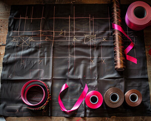 Overhead shot of a seamstress cutting table, patterns marked out on dark chocolate cloth, with rolls of raspberry pink ribbon ready to be sewn.