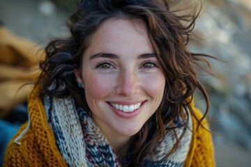 Happy Woman Outdoors in Damascus, Oregon - Close-up Portrait of Smiling Brunette Caucasian in Daytime Sunlight - obrazy, fototapety, plakaty