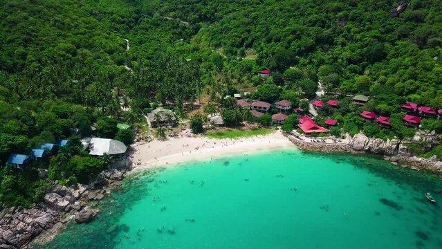 Aerial shot of Aow Luek Beach on a sunny day in Ko Tao, Ko Pha-ngan District, Surat Thani, Thailand