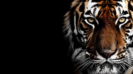 Naklejka premium Majestic Tiger Portrait on Black Background. Wildlife Photography. Powerful Stare of Wild Tiger. Bold Animal Wallpaper. AI