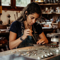 Realistic half-body shot of a jewelry designer crafting pieces from ethically sourced metals, her detailed focus and the shine of the materials in harmony.
