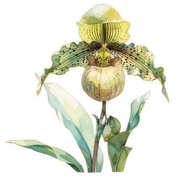 Paphiopedilum insigne, muted green and maroon slipper, earthy watercolor, shadowy corner, watercolor, isolate.