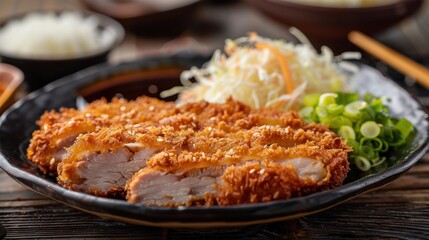 Top view of tasty Japanese food deep fried pork cutlet on dark plate. AI generated image