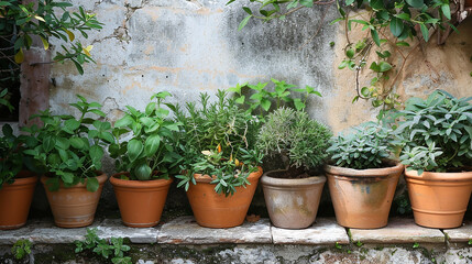 A row of terracotta pots filled with aromatic herbs, their lush foliage spilling over the edges in a riot of greenery.