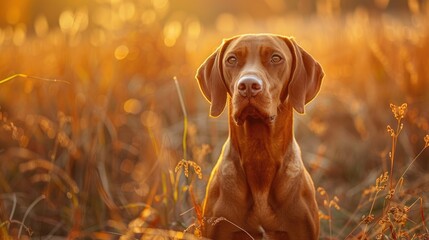 Portrait of Vizsla, a Hungarian Pointer Breed in Autumn Field. Domestic Hunter Dog with Strong Hunting Instinct and Loyal Pet Qualities - obrazy, fototapety, plakaty