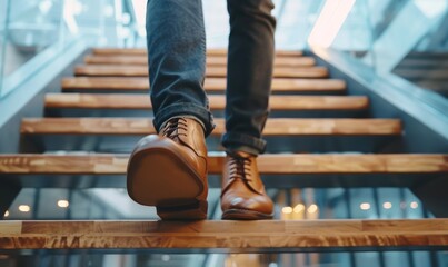 Person stepping upwards on staircase in a contemporary building, capturing the movement and...