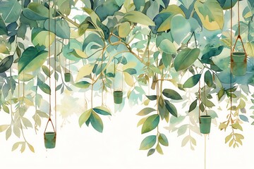 A playful depiction of a forest of Rubber Trees, dripping sap buckets and lush surroundings, deep greens and earth browns, white background, vivid watercolor, 100 isolate