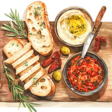 A rustic illustration of a wooden board with sliced baguette and dips, olives and sundried tomatoes adding pops of color, earthy tones and Mediterranean blues, white background, vivid watercolor, 100
