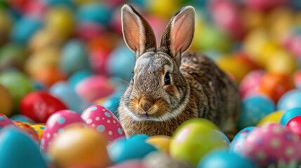 Colorful Easter Bunny Surrounded by Vibrant Easter Eggs in a Festive Display of Spring Joy