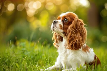 Purebred Cavalier King Charles Spaniel Dog in Nature Garden - Adult Pedigree Canine Playing Outdoors on Grass as Pet