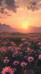 Blooming wildflowers in a desert at sunset, vintage and retro